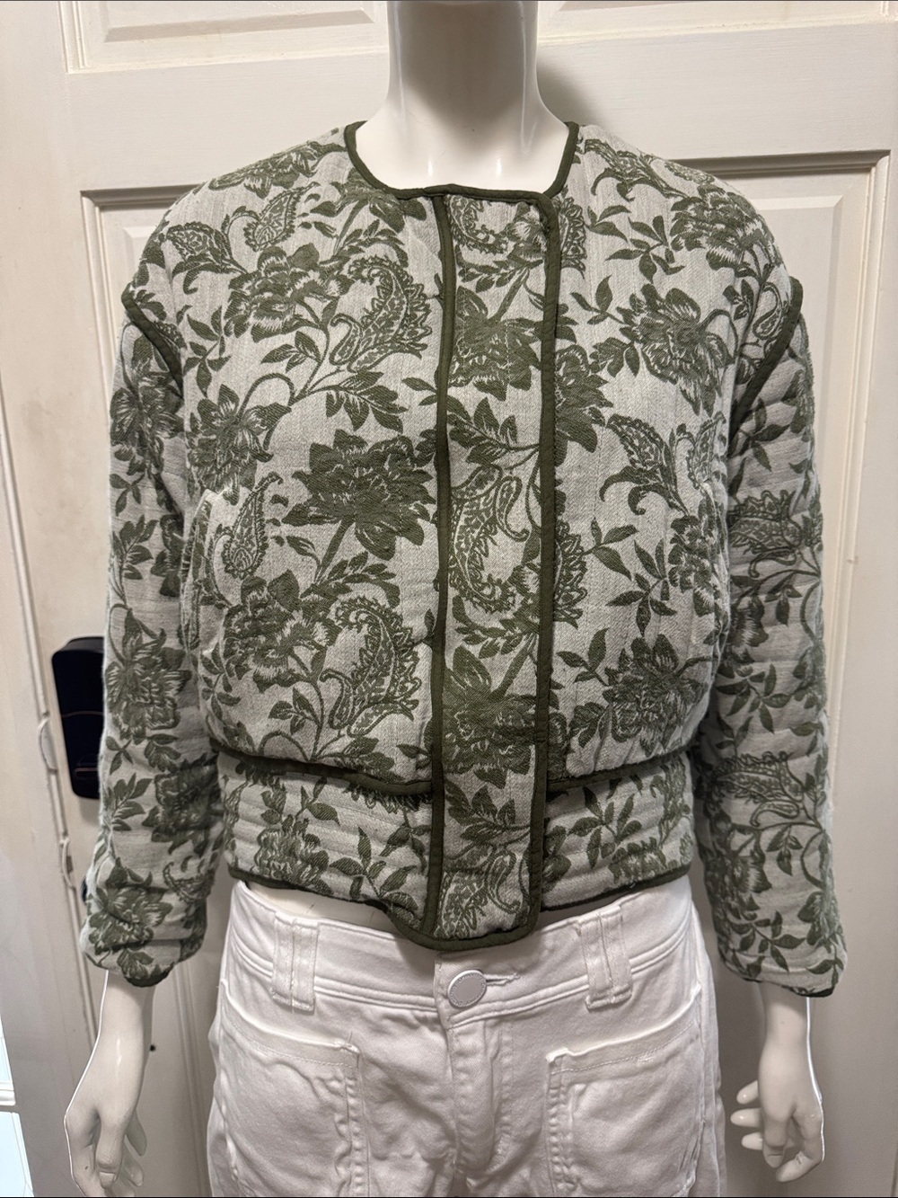 Storia Olive Green Floral Quilted Bomber Jacket Size Small